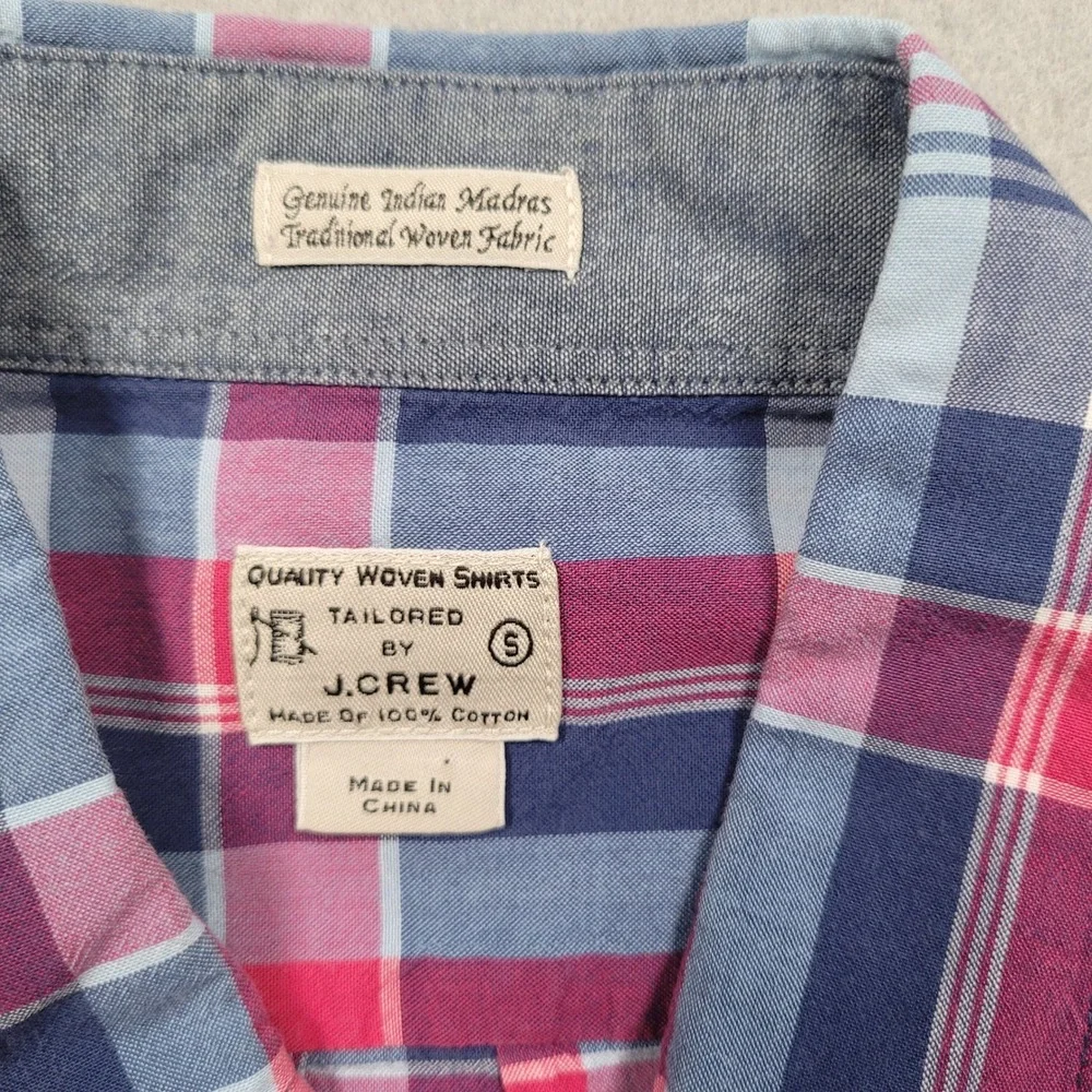 J Crew Mens Tailored Indian Madras Plaid Button Down Shirt Small Pink Blue